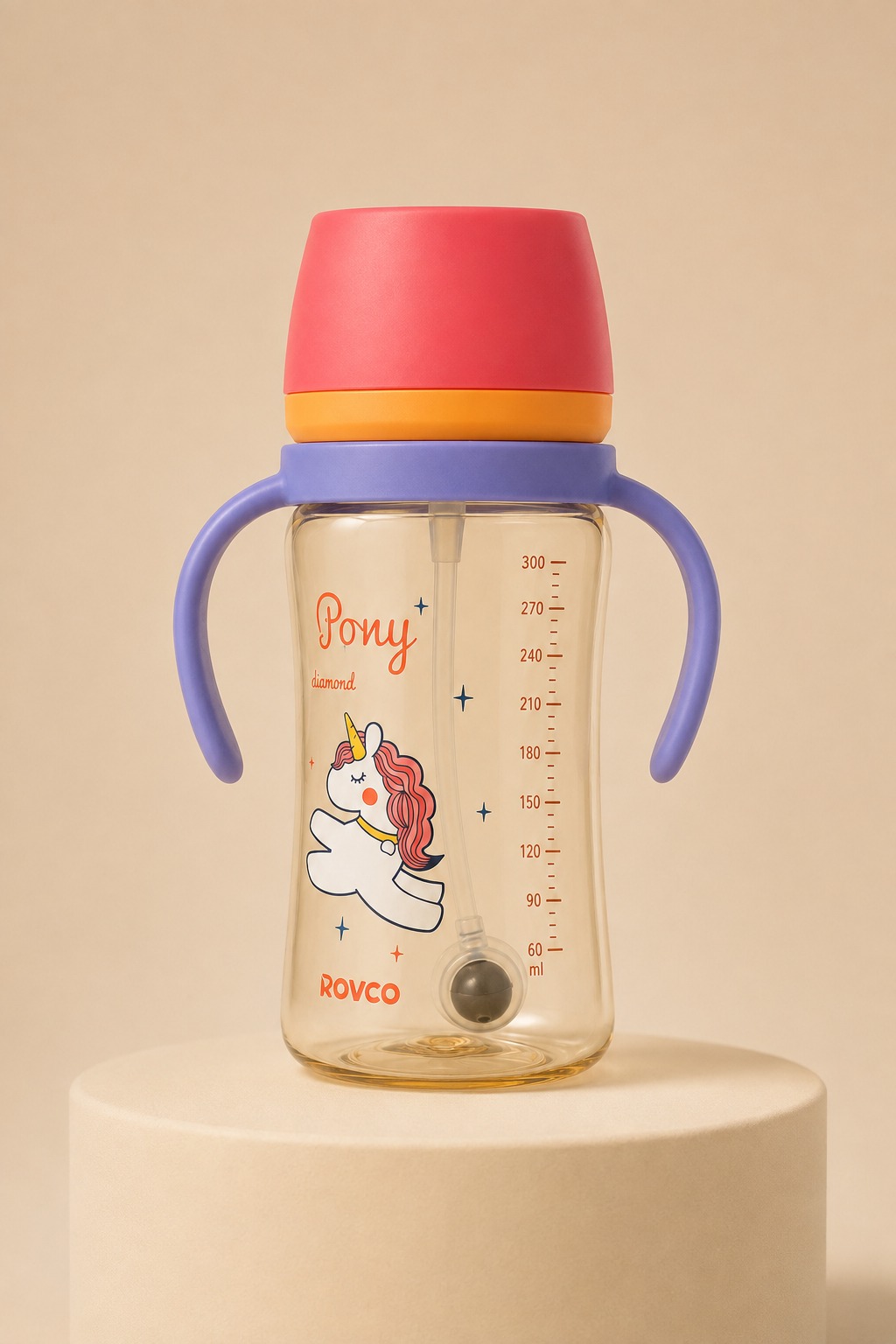 ROVCO Wide-Mouth PPSU Feeding Bottle 300ml RK-3170 with Weighted Straw – 9+ Months